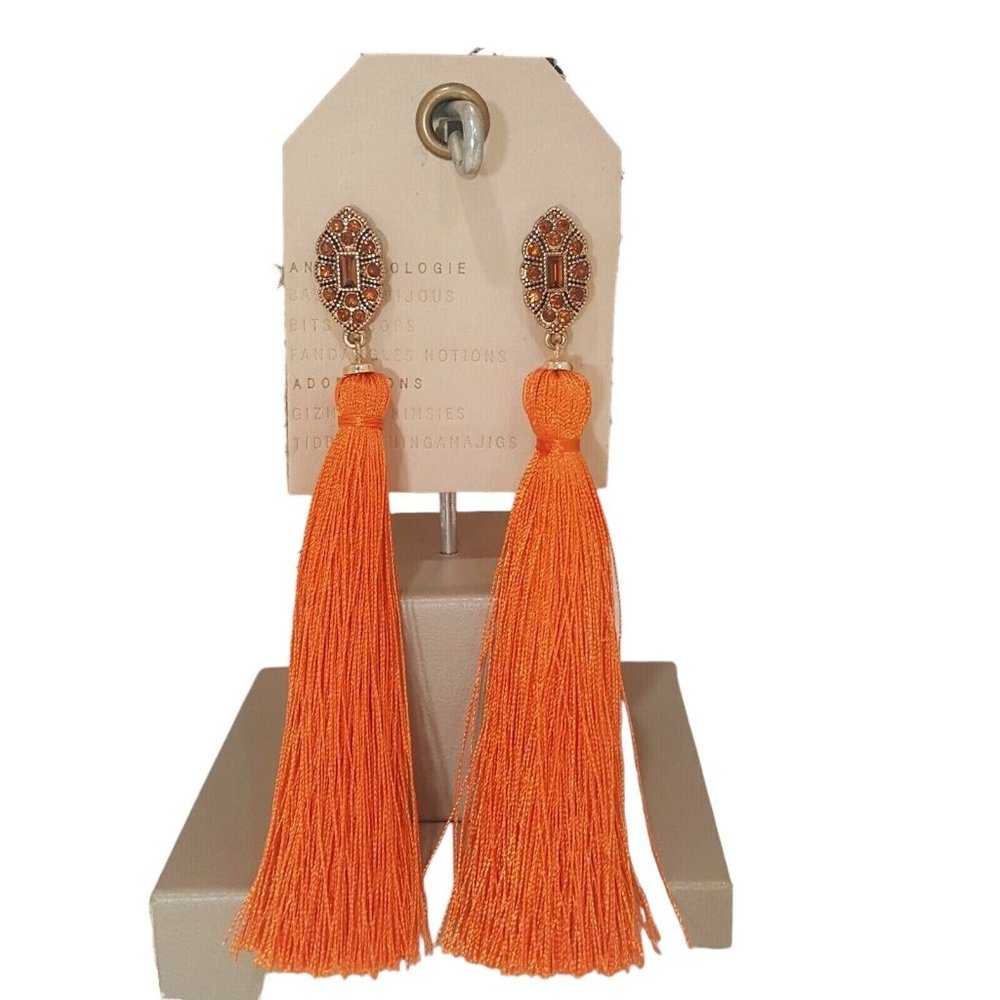 Anthropologie Women's Jeweled Orange Gold Plated Statement Tassel Earrings NWT